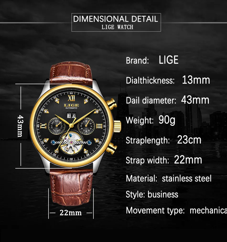 LIGE Брендовые мужские часы автоматические механические часы Tourbillon спортивные часы кожаные повседневные деловые часы в ретро-стиле Relojes Hombre