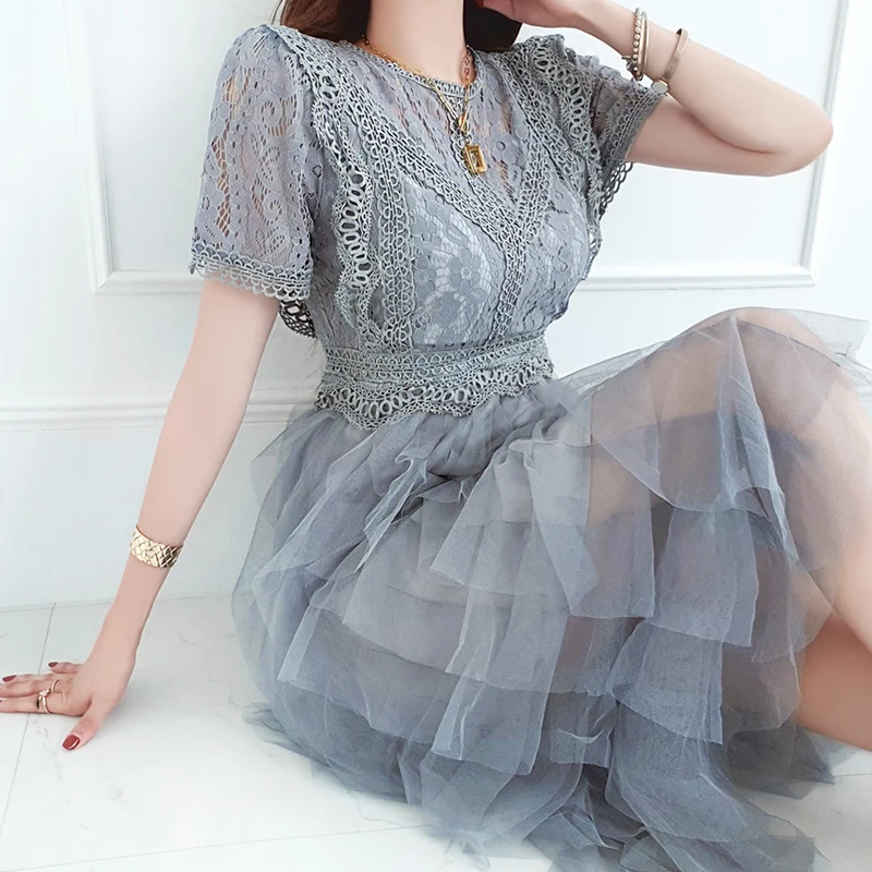 

Short Sleeve Summer Dress Korean Style Lace Mesh Stitching High Waist Casual Dresses for Women Robes T0208