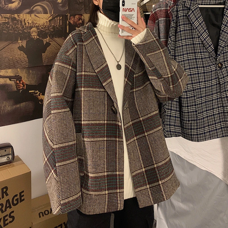 2019 мужские клетчатые куртки с принтом камвольная Шерстяная Смесь воротник