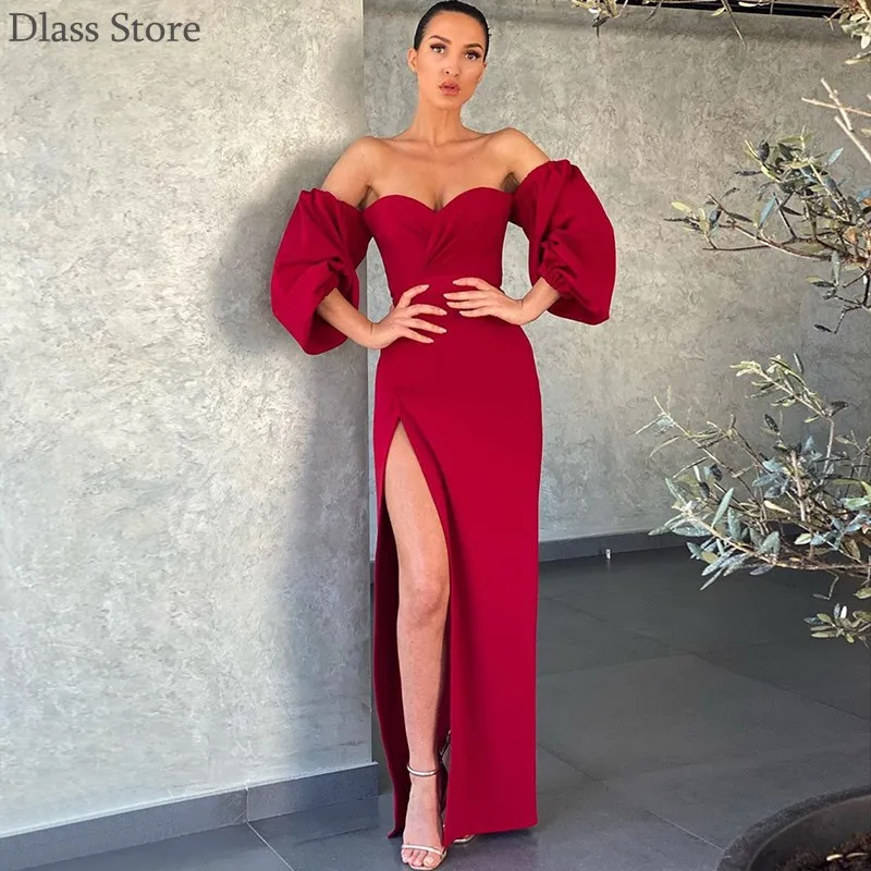 

2020 Evening Dress Simple Off Shoulder High Split Lantern Long Sleeve Sweetheart Neck Ankle Length Prom Dress вечернее платье
