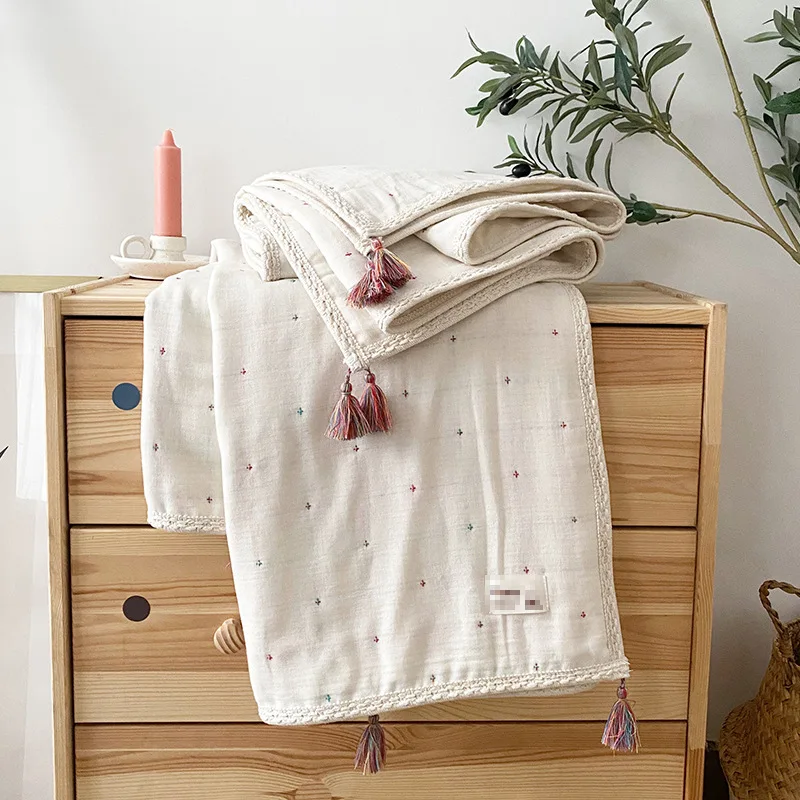 

Cotton Knitted Vintage Style Beige Color Sofa Throw Blanket With Tassels Decorative Couch Blanket Bed Runner Blanket Bed Cover