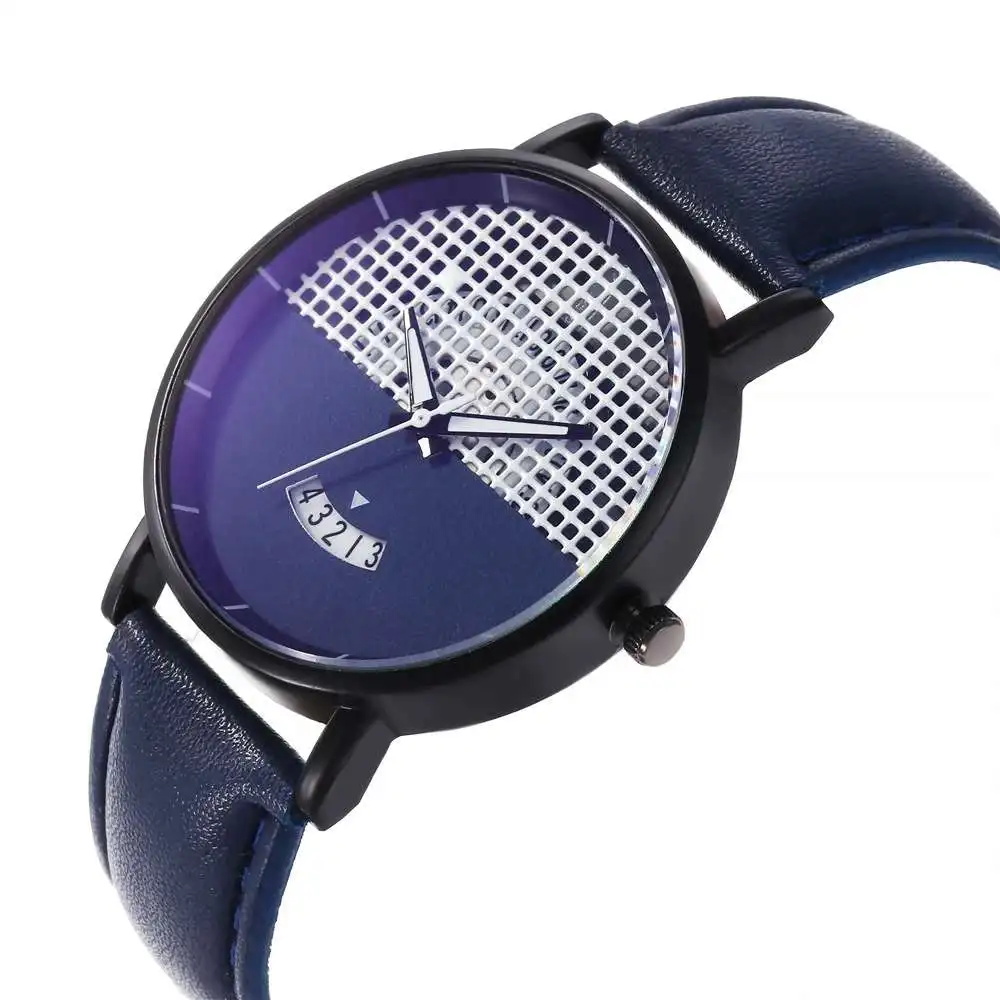 

Creative Watch Plaid Skeleton Mesh Dial Mens Watches Calendar Display Leather Quartz Fashion Casual Wristwatches Relojes Hombre