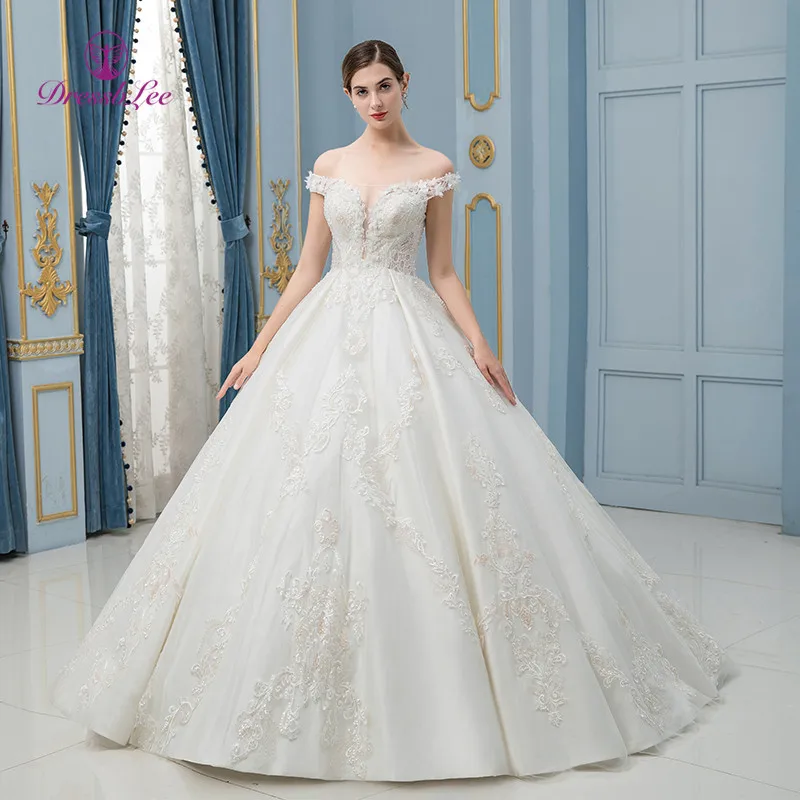 DressbLee Роскошное свадебное платье с длинным шлейфом и кружевом декольте до плеч