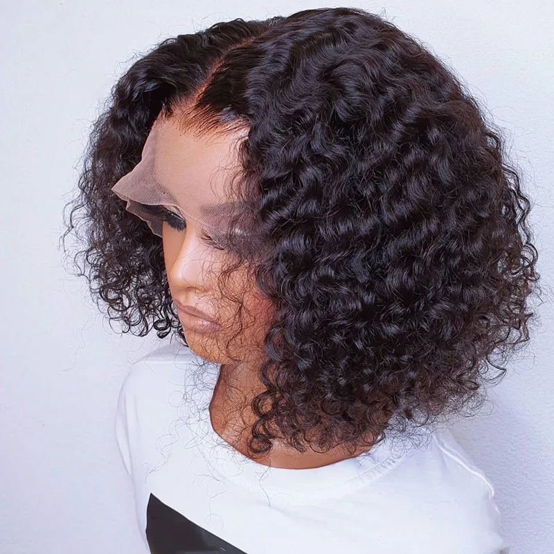

Short Cut Bob Kinky Curly 13x4 Lace Frontal Human Hair Wigs For Black Women With Babyhair Natural Hairline Remy Brazilian Daily