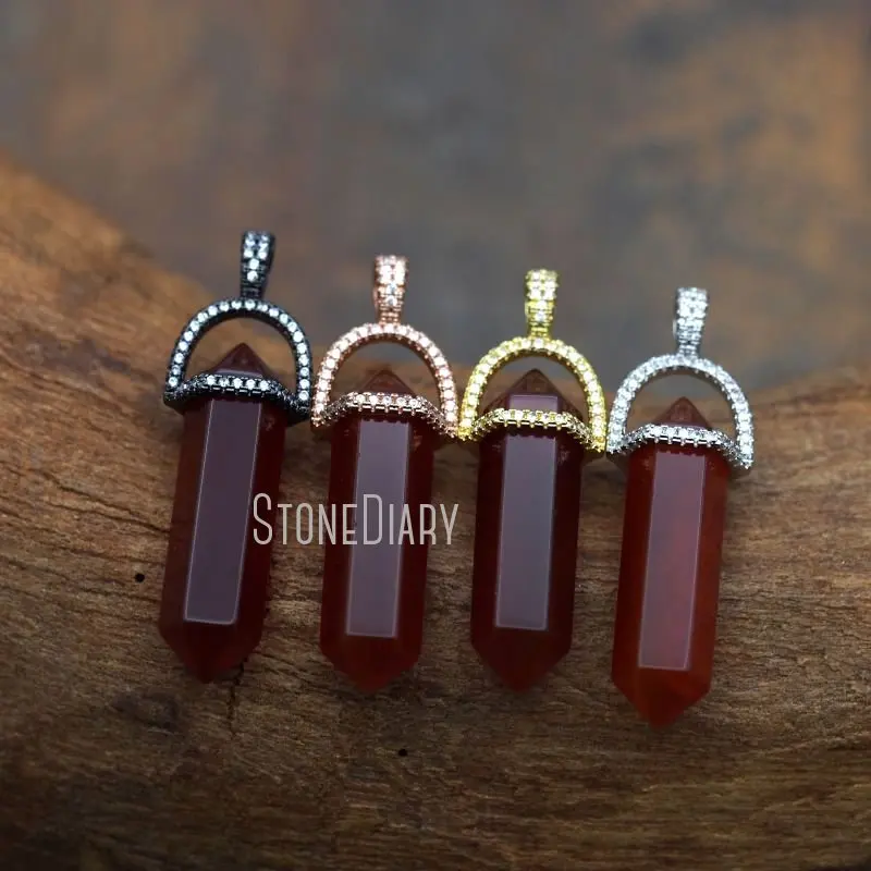 

PM7417 граненый белый кубический цирконий с красным агатом с двойным концом, искусственная призма, подвеска, ювелирный подарок 32x8 мм