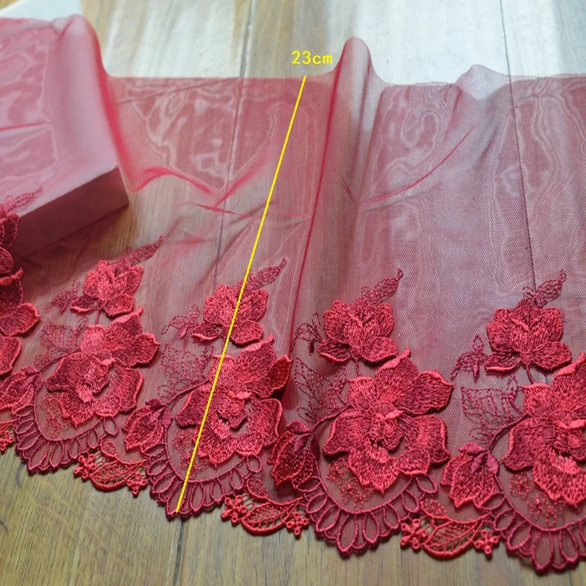 2 ярда/лот 23 см широкая красная сетка 3D ТЕМНО-красная Цветочная вышивка