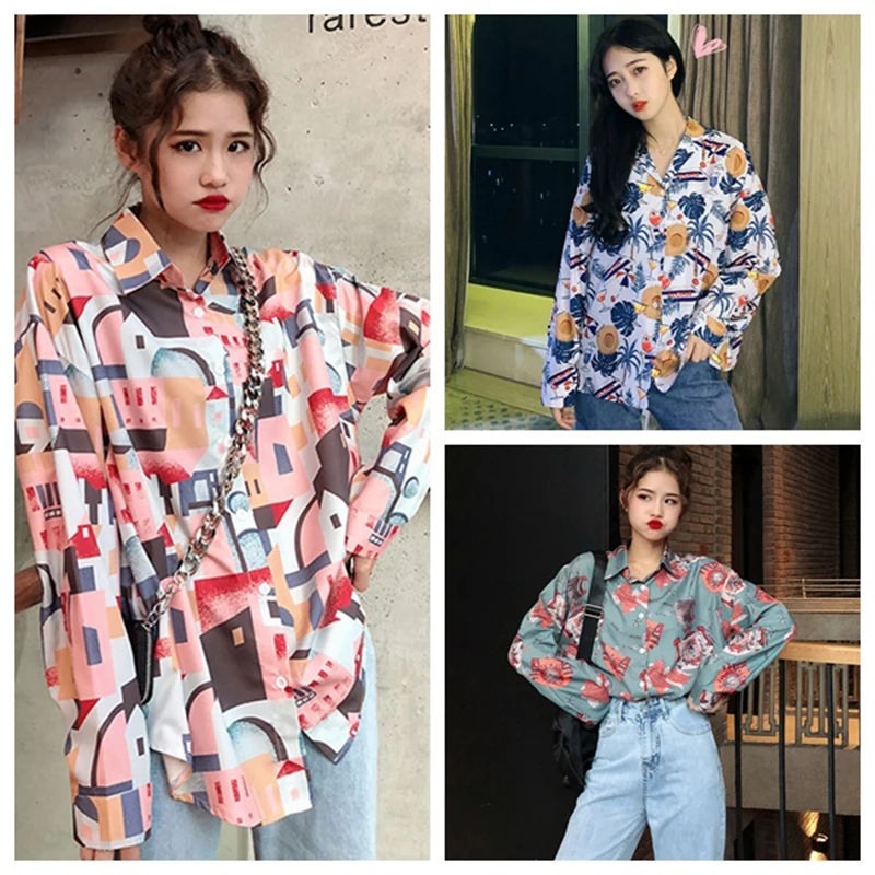 

Womens Tops Blouses Korean Art Small Fresh Wild Loose Printed Long-sleeved Blouse