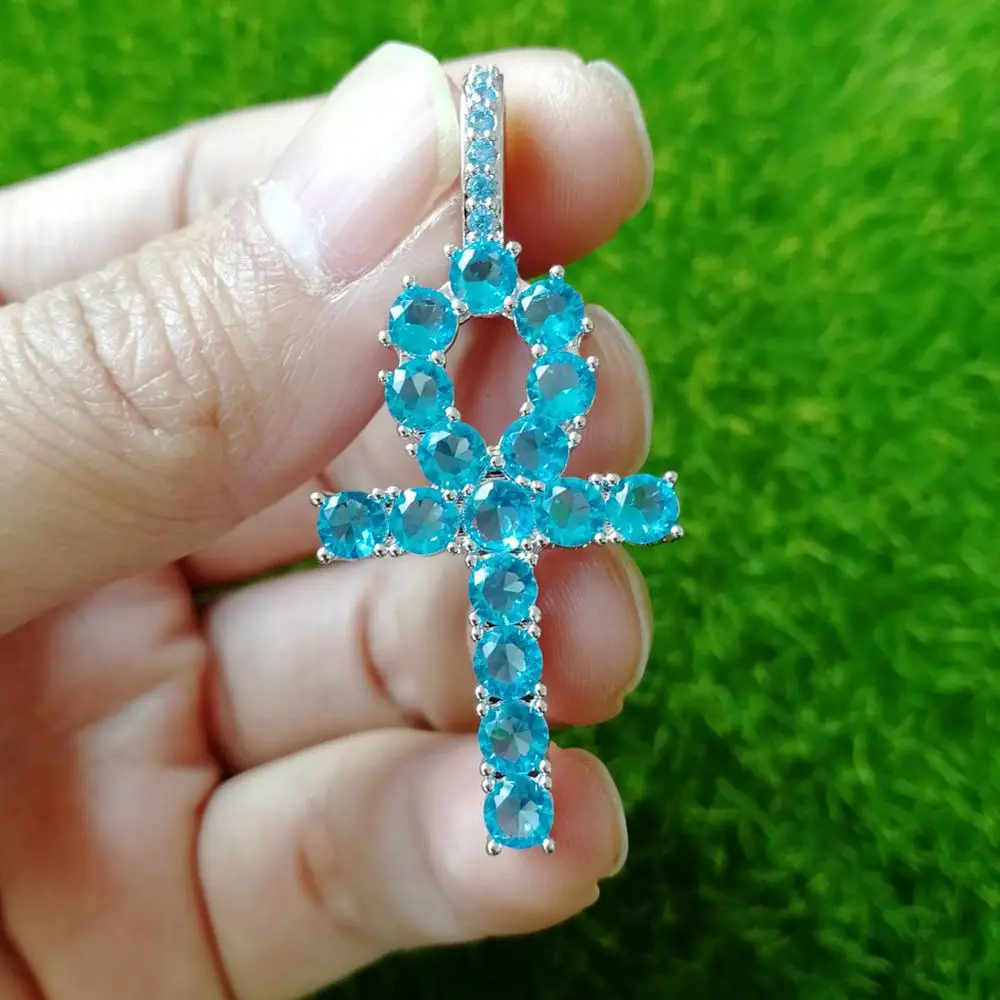 

Men/Women Hip hop Ankh cross Pendant Necklace blue color AAA Zircon Hiphop iced out bling cross necklace jewelry Drop shipping