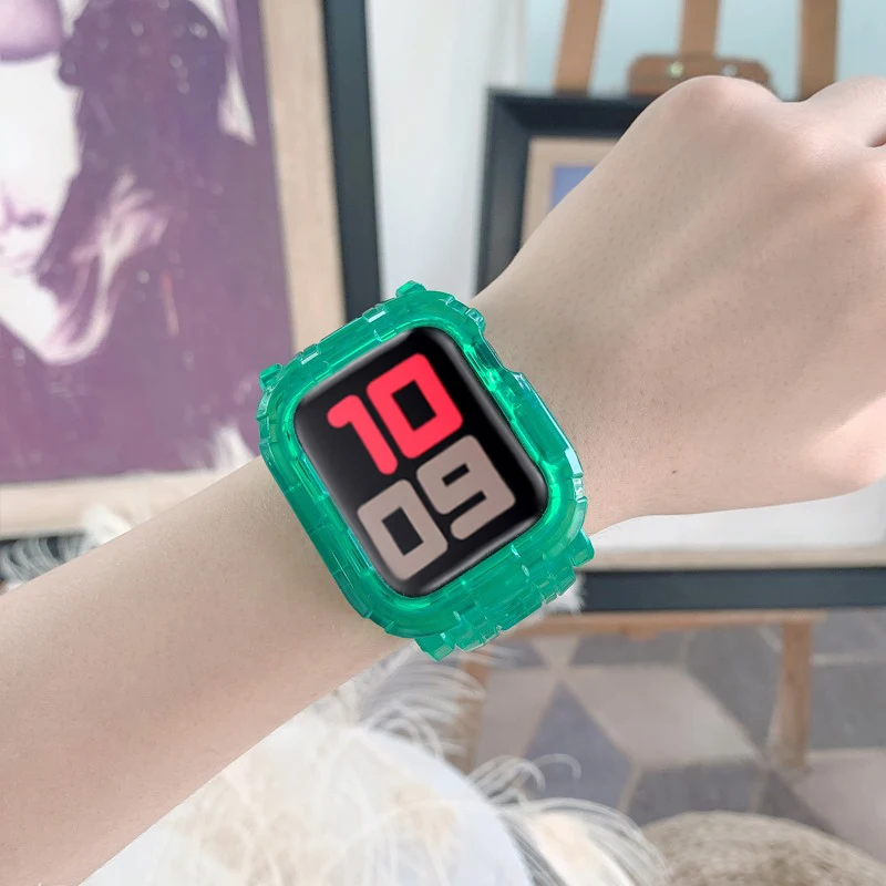 Прозрачный силиконовый ремешок для Apple Watch band 44 мм 40 42 38 и чехол мягкий браслет correa
