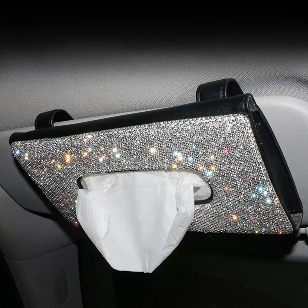 

Car Sun Visor Tissue Holder Easy To Install Personalized Shiny Faux Leather Hanging Rhinestone Tissue Box for Gifts