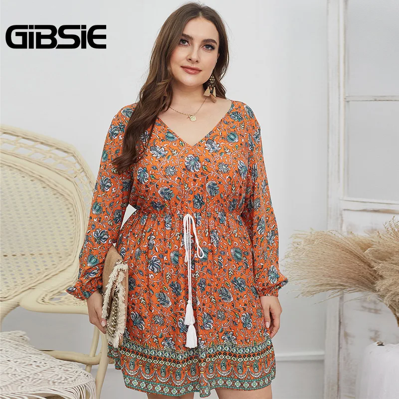 

GIBSIE Bohemian Tassel Drawstring Waist Print Dress V-Neck Long Sleeve Boho Casual Dresses Plus Size Women Holiday Mini Dress