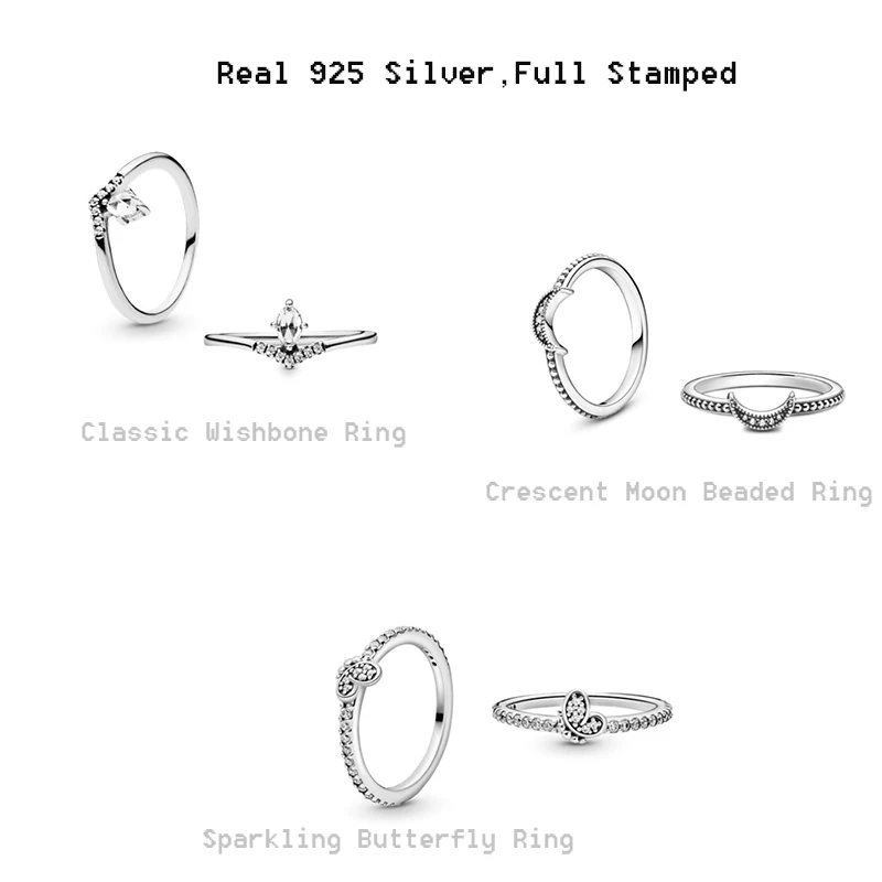 

Real 925 Sterling Silver Sparkling Butterfly Rings Moon Beaded Wishbon Ring With Full Stamped Wedding Gifts Women Jewelry