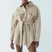 autumn winter women chic wool coats with belt 2021 solid long sleeve pockets outerwear turn down collar elegant coat