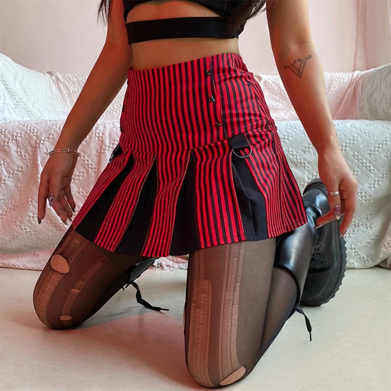 

Women Harajuku Gothic Punk High Waist Black Red Striped Star Pleated Mini Skirt