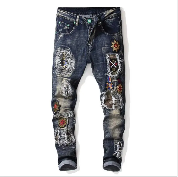 Джинсы мужские рваные Стрейчевые брюки карандаш с вышивкой в стиле пэчворк