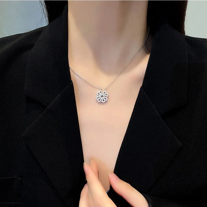 Креативное магнитное складное ожерелье в форме сердца с четырехлистным клевером