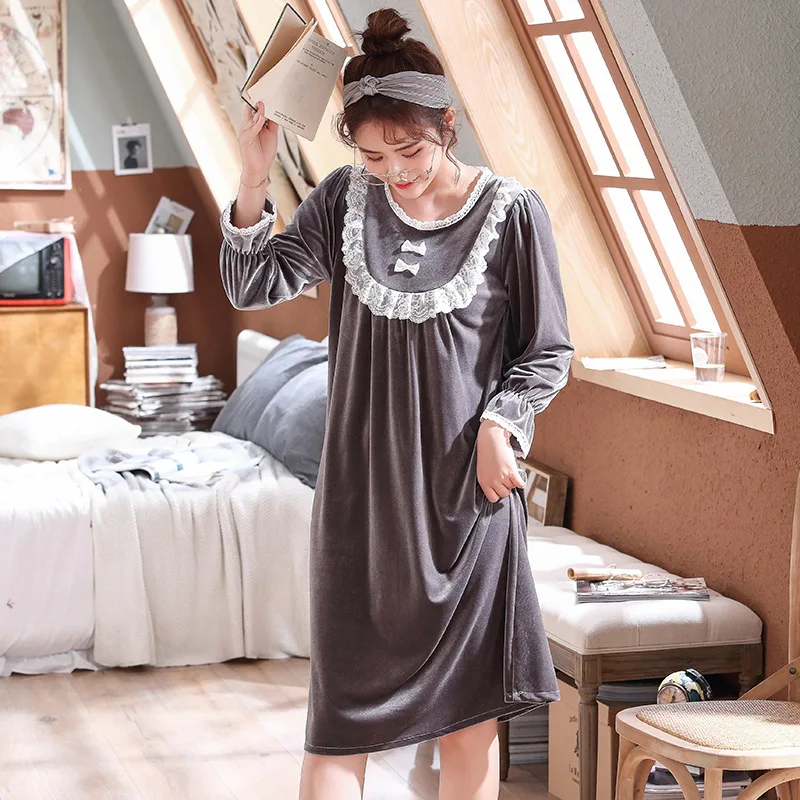 Кружевная зимняя ночная рубашка с бантом удобная повседневная мягкая Домашняя