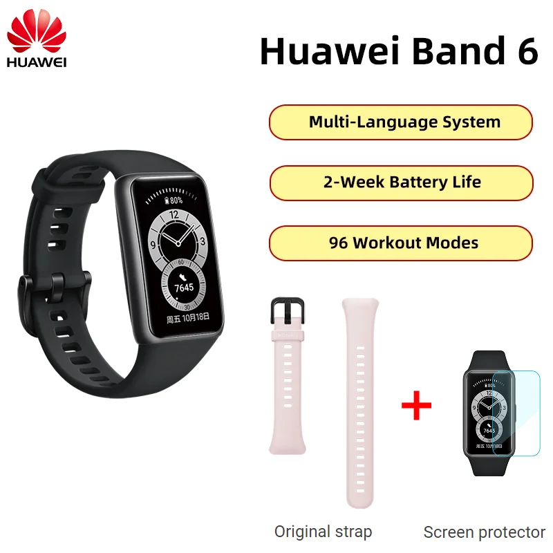 

[New] HUAWEI Band 6 Original Genuine Standard Edition Sports Band Multi-lingual + Pink Original Strap + Screen Film(Black)