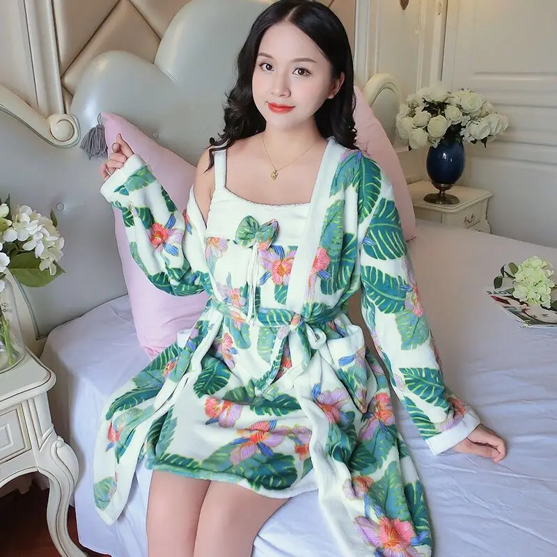 Pajama + Night gown 2pcs/Set Night Wear Leisure Home Cloth woman long Sleeve Flannel warm pyjama Girl Sleepwear Set Night Gown