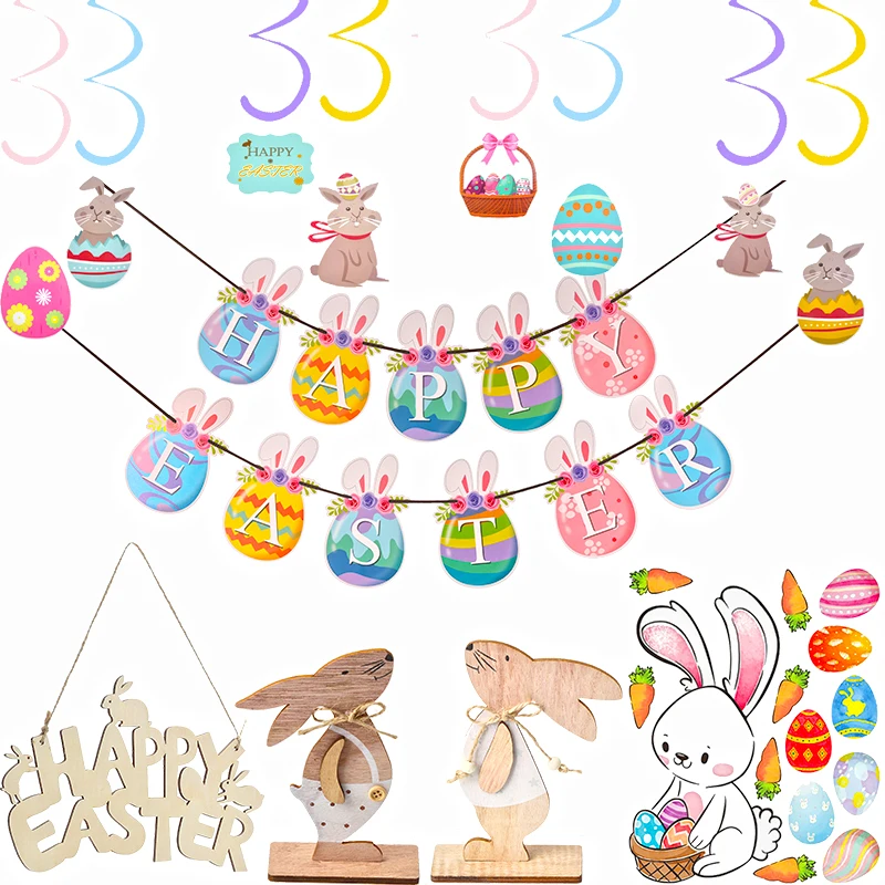 

1set Happy Easter Banner Spiral Hanging Swirls Easter Decoration Bunny Rabbit Wooden Craft Easter Party Supplies Craft ornaments