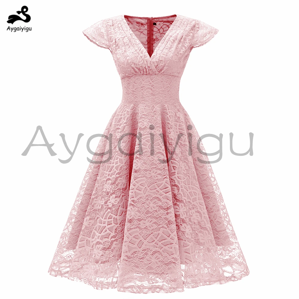 Женское кружевное платье-миди с V-образным вырезом и рукавом-лепестком | Женская