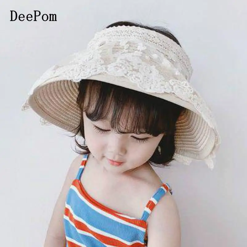 

Шляпка от солнца DeePom для девочек, летняя пляжная Панама с пустым верхом и кружевными цветами, складная соломенная шляпа с широкими полями, с ...
