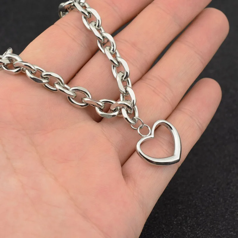 

Punk Stainless Steel Heart-Shaped Chain Necklace For Men Korean Fashion All-Match Metal Unfading Pendant Jewelry Wholesale
