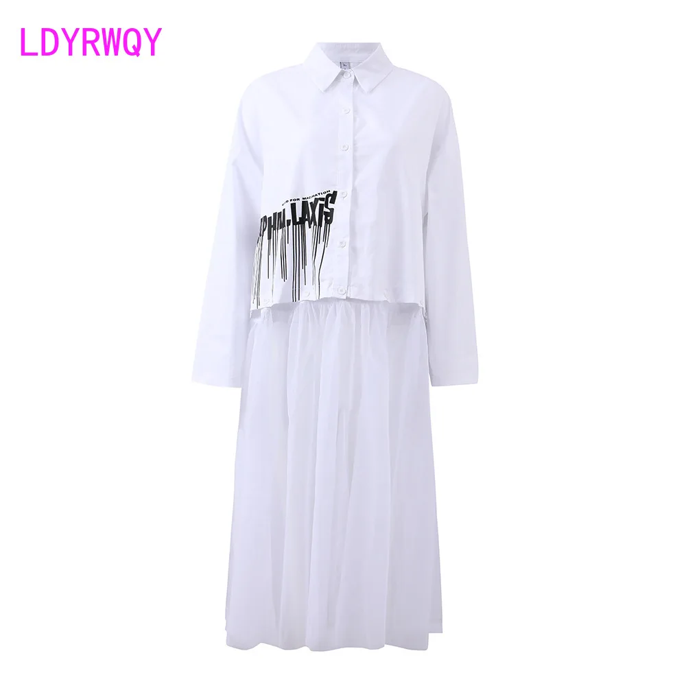 

Retro harbour style 2020 mid-length loose mesh stitching dress Knee-Length V-Neck Office Lady