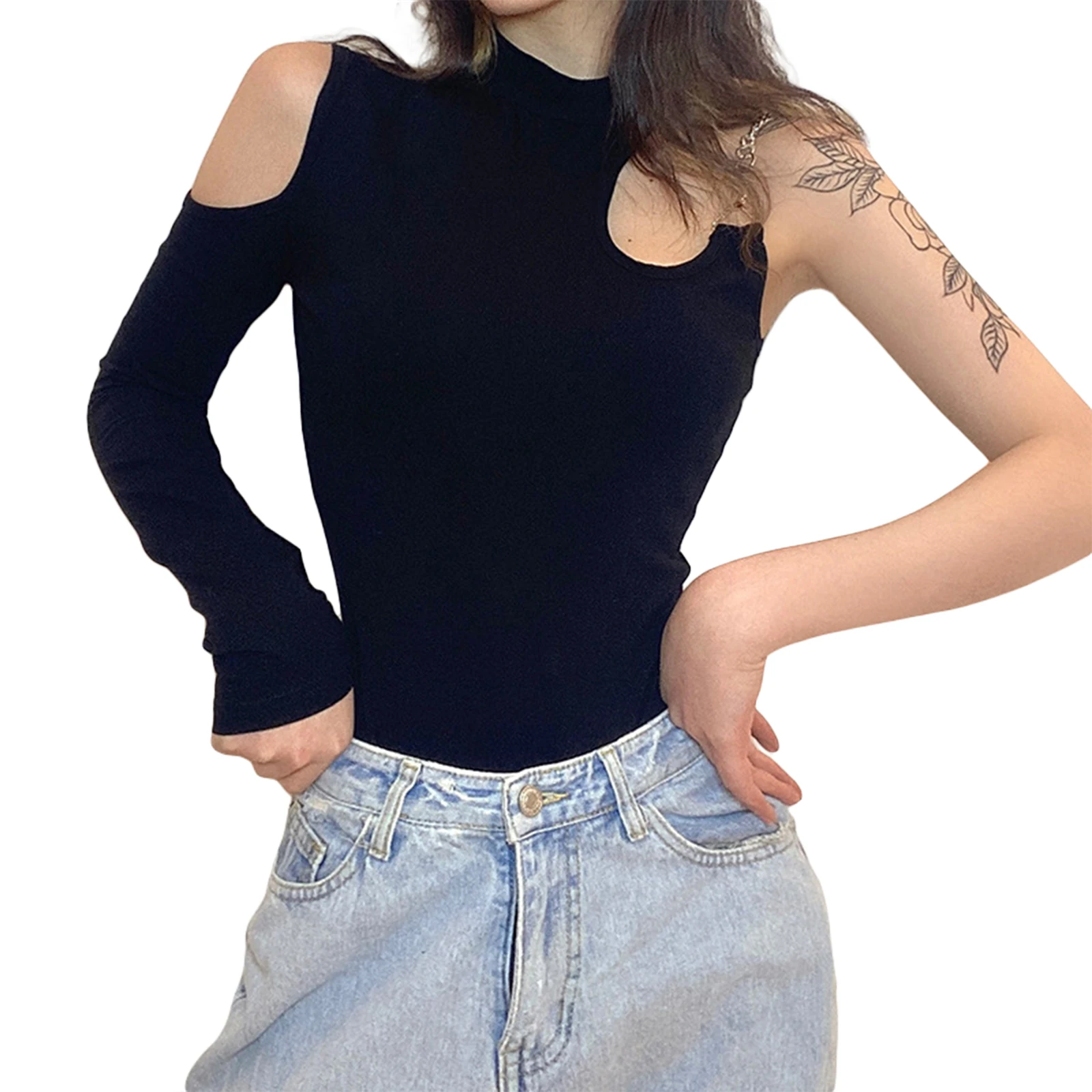 

Womens Fashion Solid Color Bodysuit Sexy Chain Hollow Asymmetric Off-shoulder Tight-fitting Jumpsuit