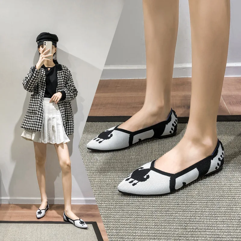 35-43 Casual Women Soft Shoes Breathable Knit Pointed Shoes Women's Flat Shoes Ballet Single Shoes Comfortable Pregnant Shoes