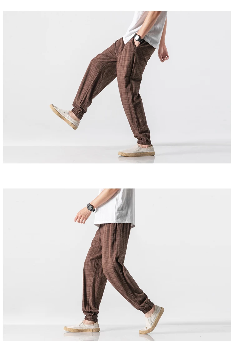 Autumn New Casual Pants Men Cotton Linen Slim Fit Grid Fashion Trousers Male Brand Clothing Plus Size 5XL Y1864
