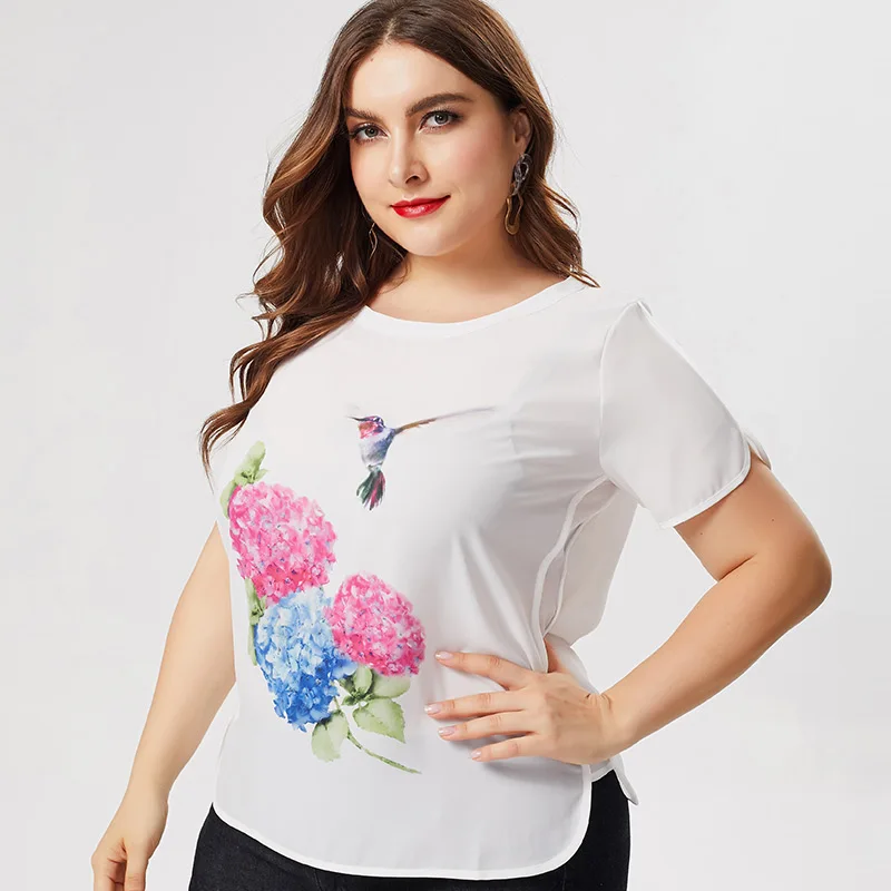 

2021 Summer mom clothes Short sleeve Chiffon Printed Floral T-shirt fashion ladies Vintage elegant Plus Size Womens Tops