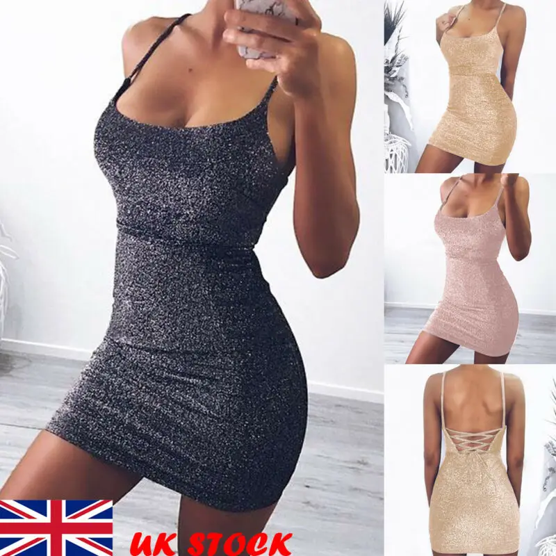 

Women Sexy Glitter Bandage Dress Elegant Backless Sleeveless Clubwear Party Evening Short Mini Dress Slim Bodycon Dress