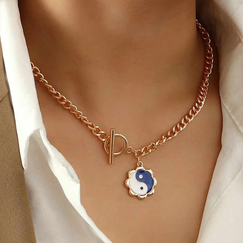 

Fashion Geometric Metal Drop Oil Taichi Flower Statement Pendant Necklace For Women Trendy Gold Color Chain Necklace Jewelry