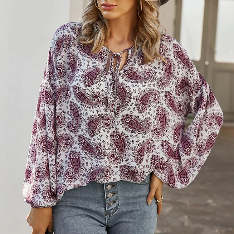 

Fashion Retro Printed Women's Blouse Bohemian V Neck Long Sleeve Shirts Female Casual Loose Blusas w