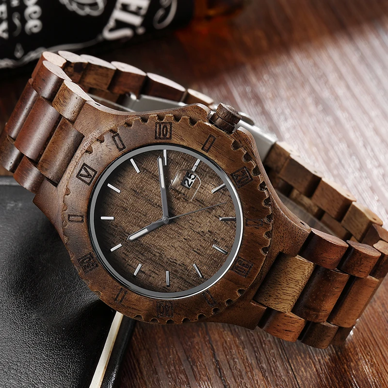 Часы наручные мужские кварцевые с деревянным ремешком и датой|Кварцевые часы| |