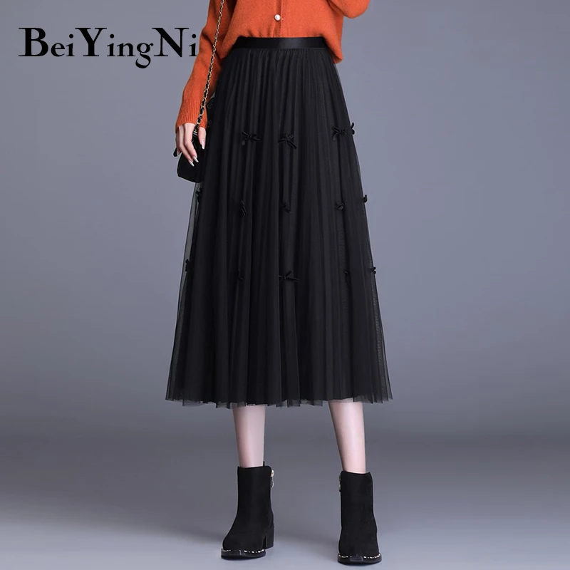 

Beiyingni Women's Pleated Midi Tulle Long Skirts Bow Tie Elastic High Waist Luxury Elegant Black Skirt Woman Fashion Slim Faldas