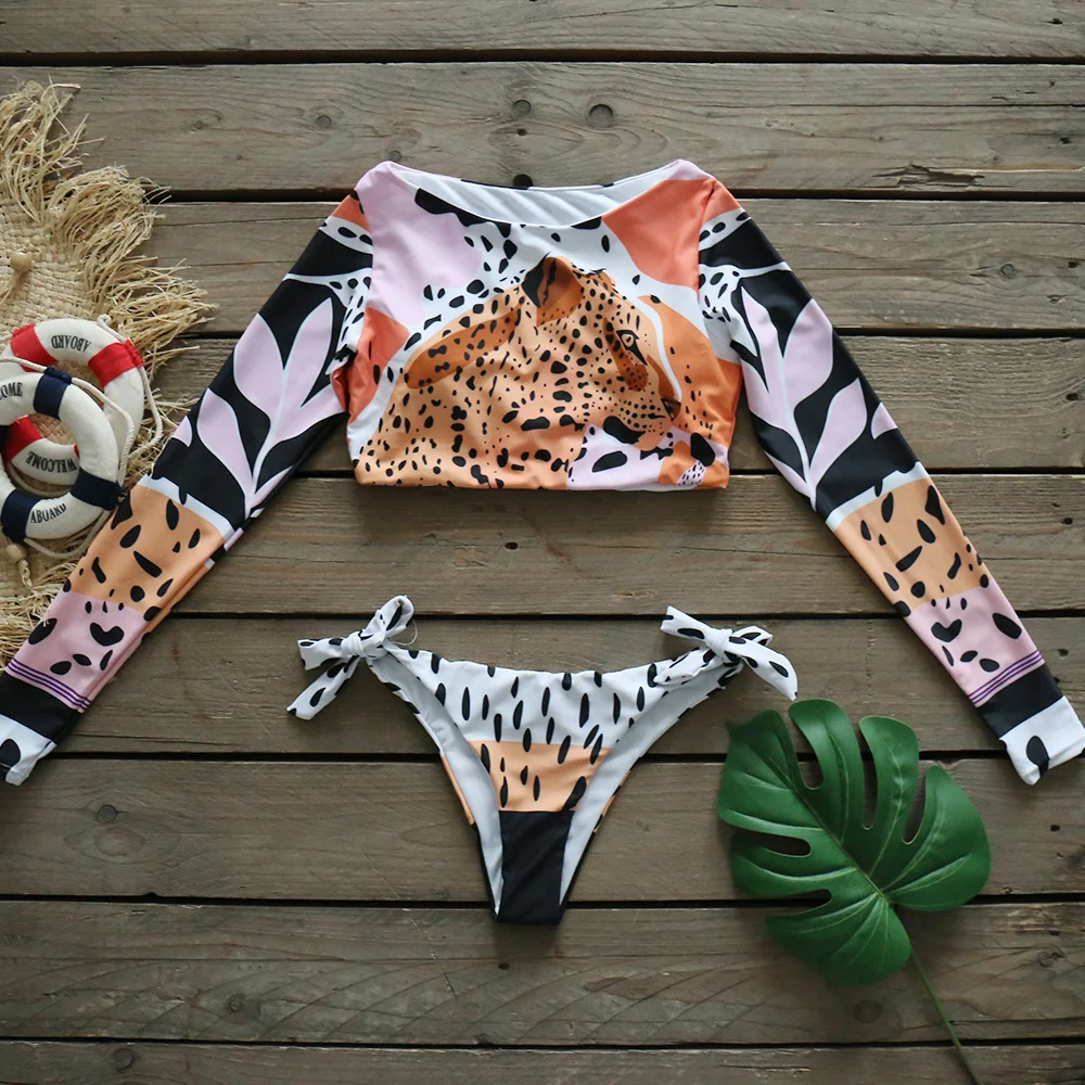 

2020 Sexy Long Sleeve Bikinis Women Swimsuit Green Leaves Print Bathing Suits Beachwear Brazilian Bikini Set Biquini Female