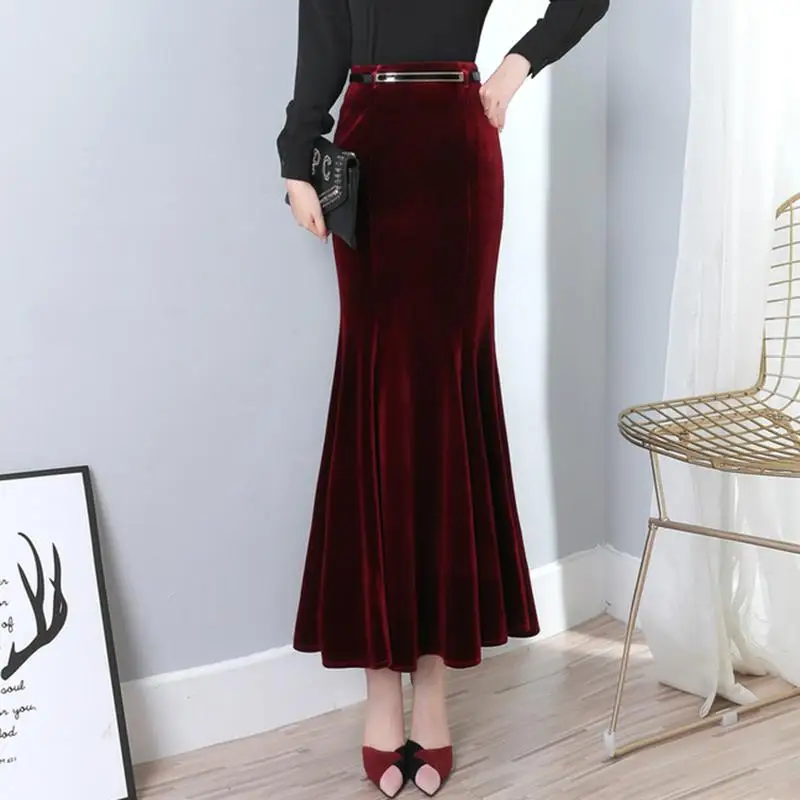 

Women 2020 New Autumn Winter High Waist Long Maxi Mermaid Skirt Female Vintage Gold Velvet Elegant Slim Package Hip SkirtsT236