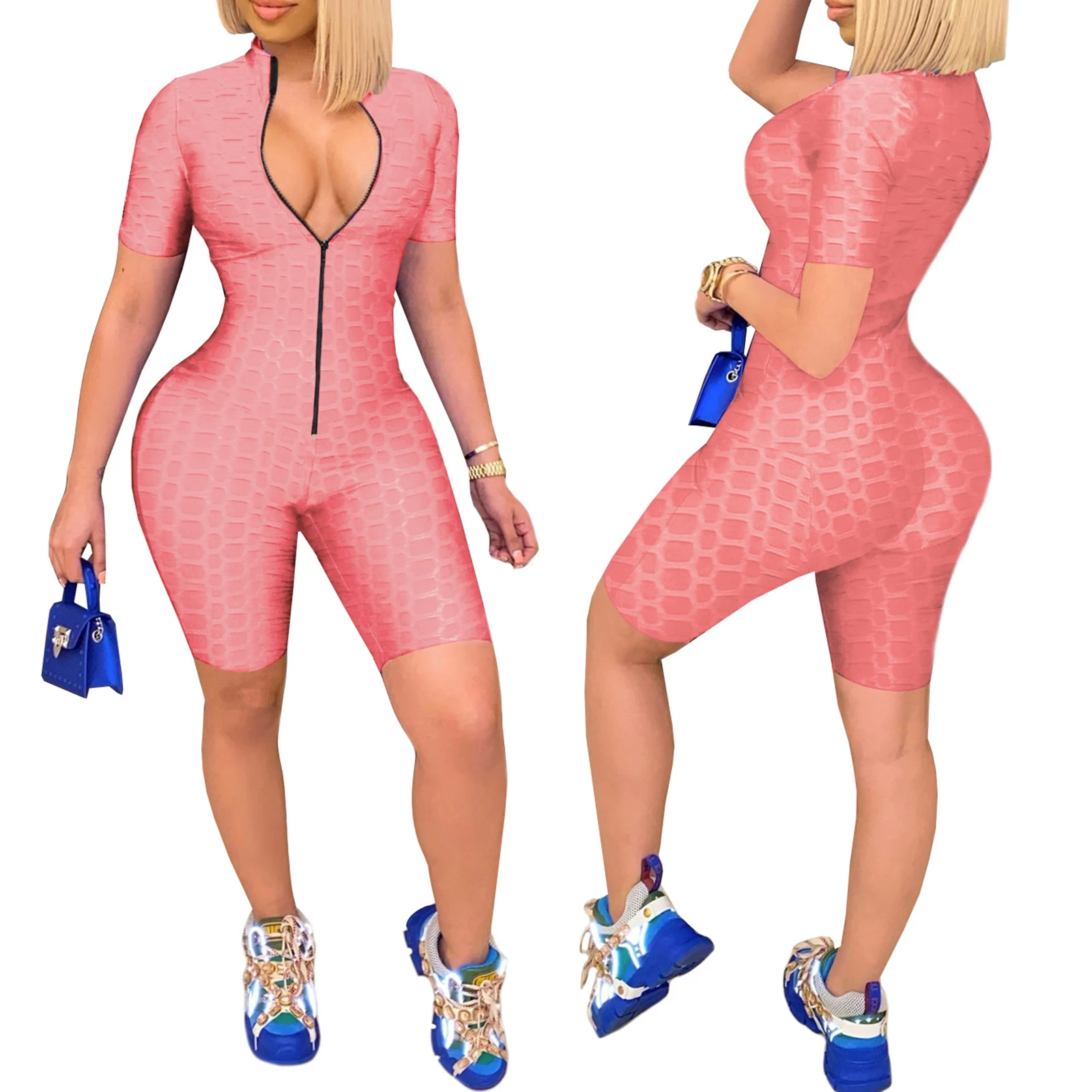 

Women Summer Solid Color Zip-up Romper Short Sleeve Stand-up Collar Jumpsuit for Sports Wear Fitness