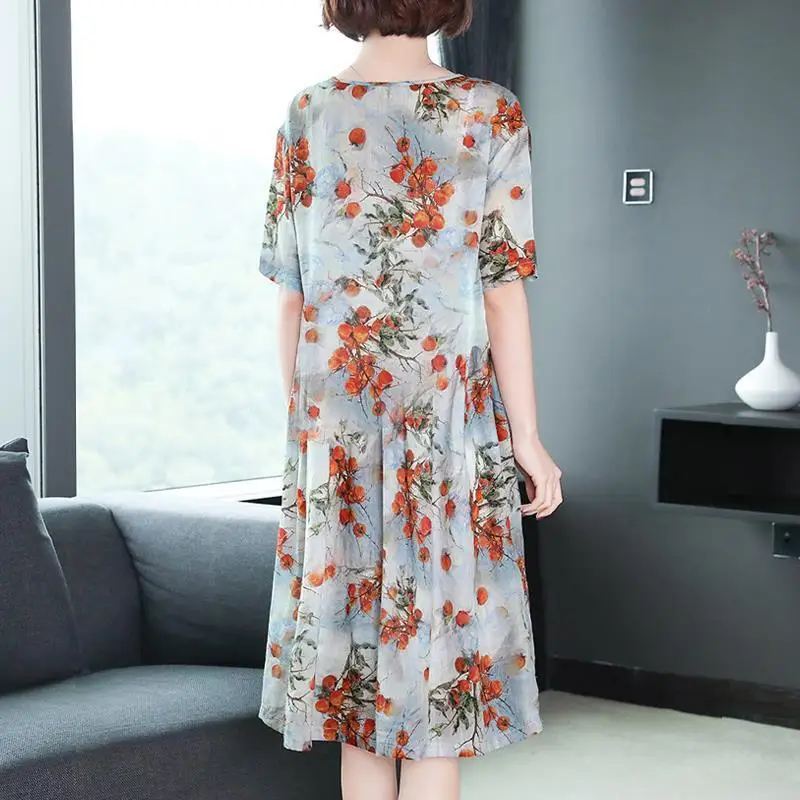 

2021 New Women Summer Faux Silk Plus Size M-4xl Dress Elegant Floral Print O-Neck Dresses Female Office Lady Vestidos Q117