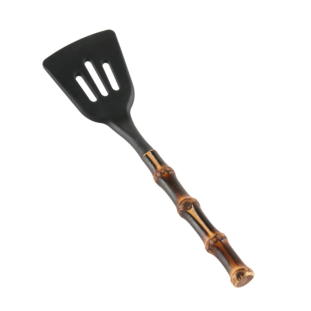 

Kitchen Cookware Vintage Black Bamboo Root Wood Handle Silicone Kitchenware Ladle Scoop Cooking Slotted Turner Spatula