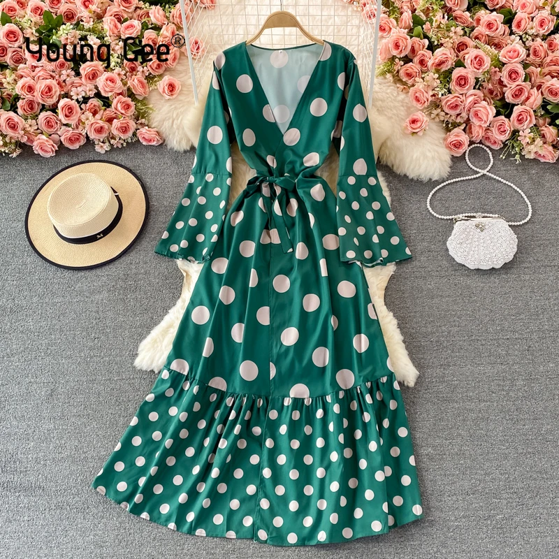 

Young Gee Vintage Green Polka Dot Chiffon Maxi Dress Women Long Sleeve V-neck Vestidos With Sashes Female Vacation Beach Dresses