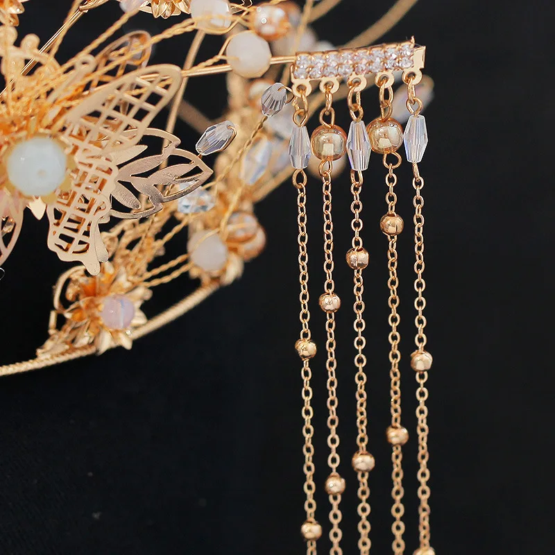 JaneVini Роскошные китайские заколки из бисера длинные кисточки золотые короны для