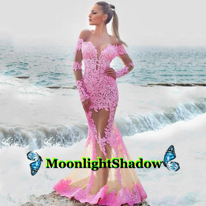 

Pink Mermaid Evening Dress Appliques Sexy Dubai Arabic Saudi Arabian Vestidos De Festa Formal Wedding Party Graduate Prom Plus