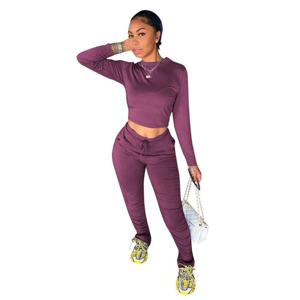 

Sexy 2 Piece Matching Sets Women's Festival Clothing Solid Full Sleeve Crop Tops and Stacked Jogger Sweatpant Activewear Suits