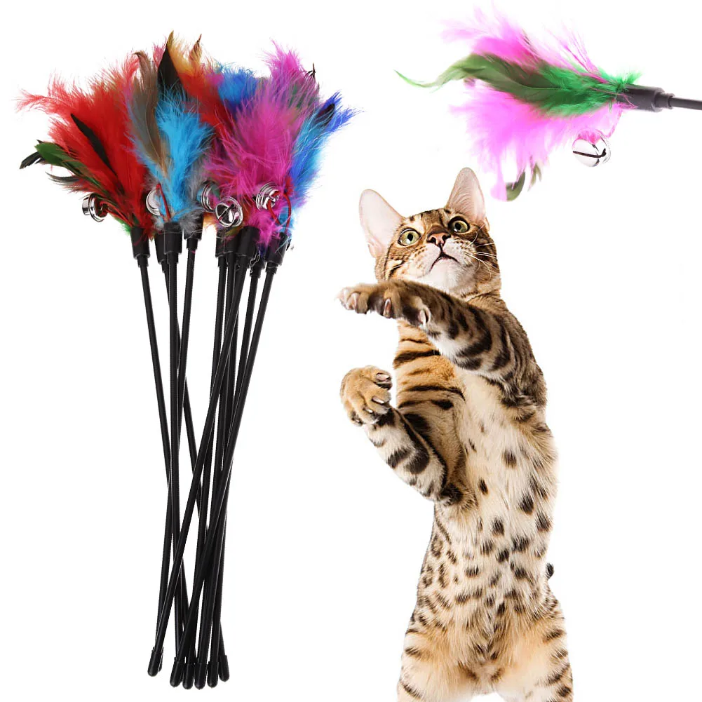 

5pcs/lot Cat Toys Feather Wand Kitten Cat Teaser Turkey Feather Interactive Stick Toy Wire Chaser Wand Toy Random Color