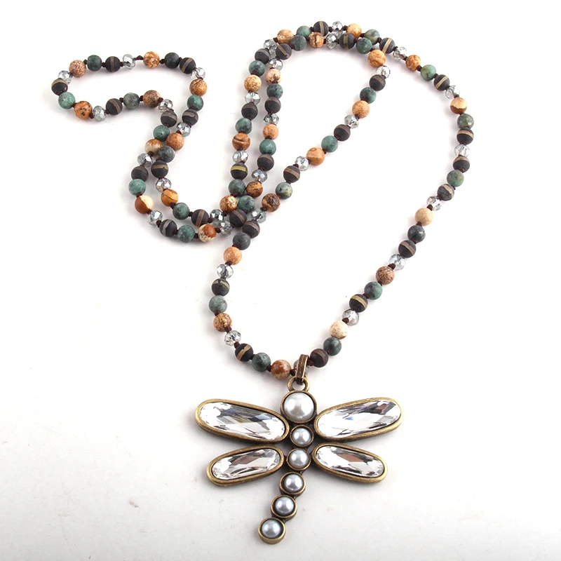 RH Fashion Bohemian Jewelry 6mm Semi Precious Stone Crystal Long Knotted Metal Dragonfly Pendant Necklaces Women Boho Necklace