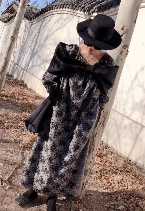 

SuperAen 2021 Spring New Design Bow Style Shawl Plaid Embroidered Strapless Full Loose Long Dresses for Women