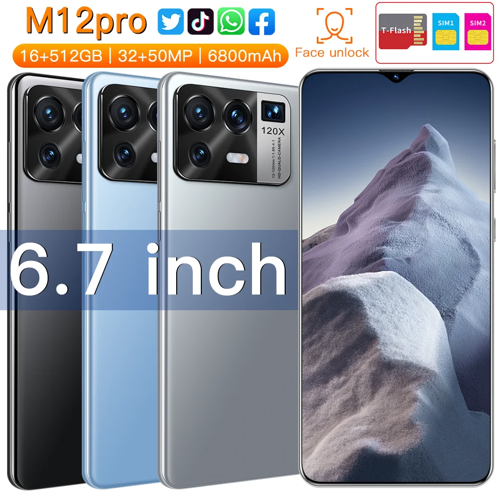 

New 6.7" M12 Pro 5G Network MTK6889 6800mAh Dual SIM HiFi Android 11.0 12GB RAM 512GB ROM 32+50MP GPS Global Smartphone